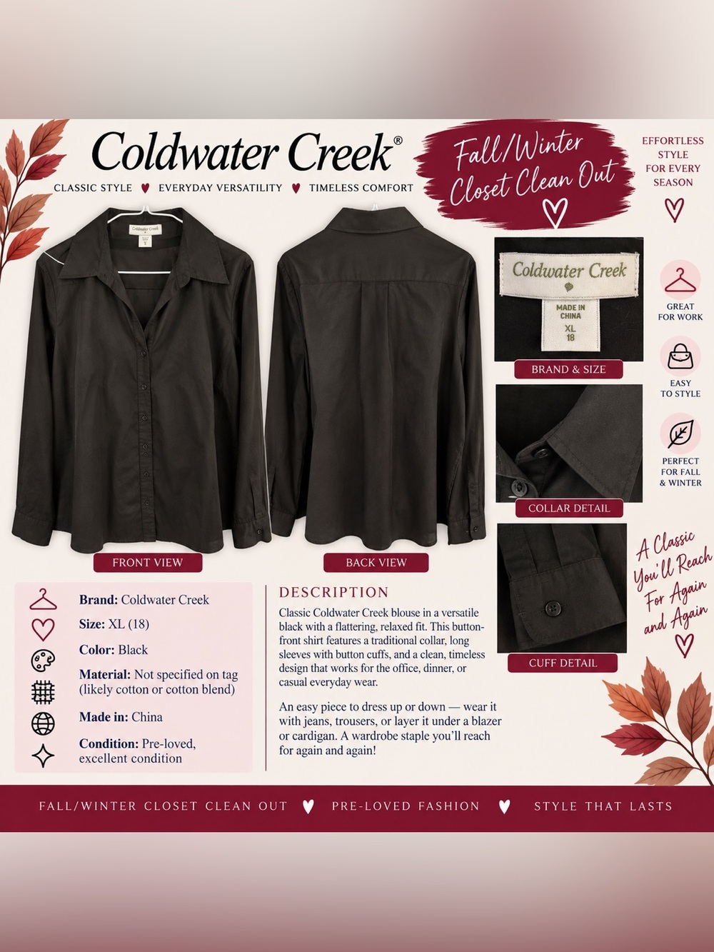 Coldwater Creek Black women’s Lightweight Button-Up Shirt Jacket